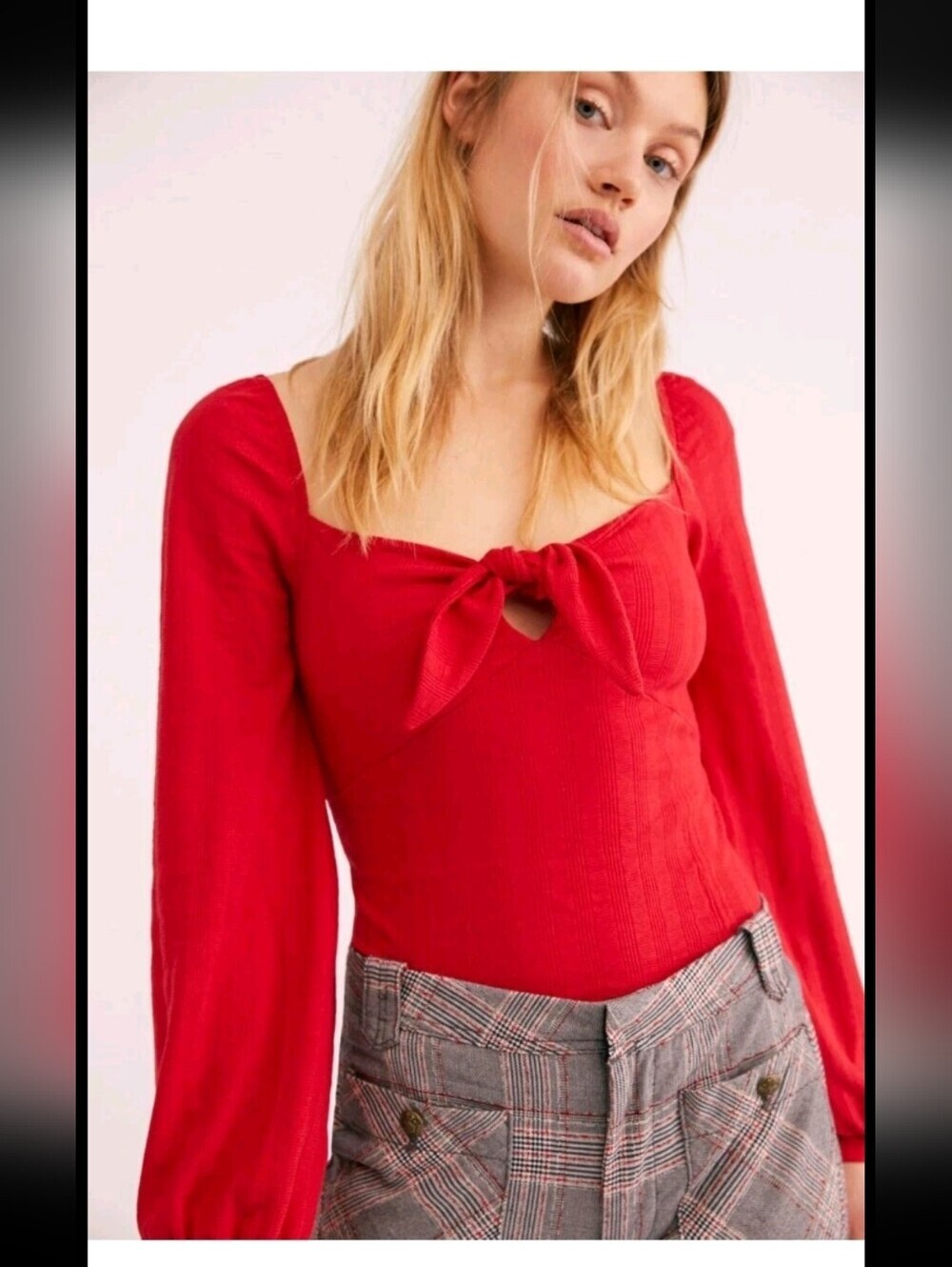 Free People Womens Red It's A Date Ribbed Tie Front Puff Sleeve Top S